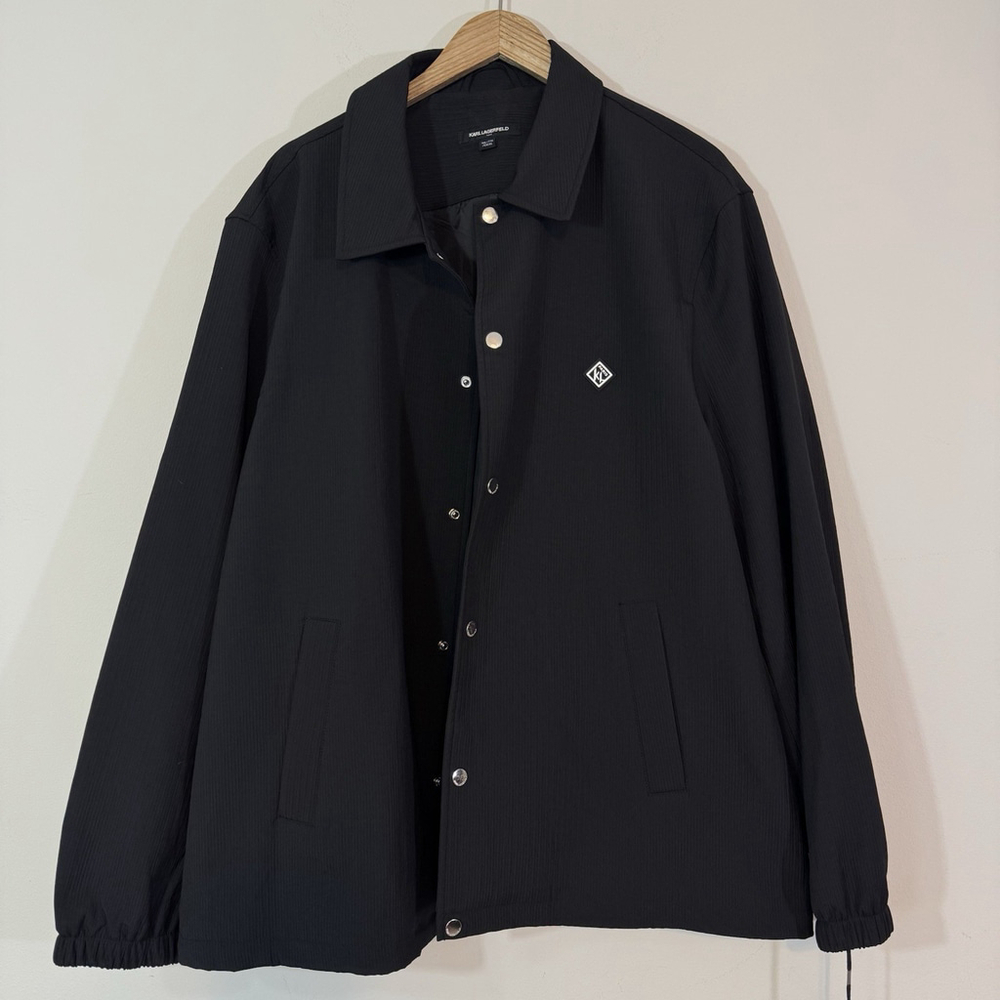 KARL LAGERFELD Men's Slim Fit Textured Snap-Front Logo Light Jacket Black XXL - Picture 4 of 10